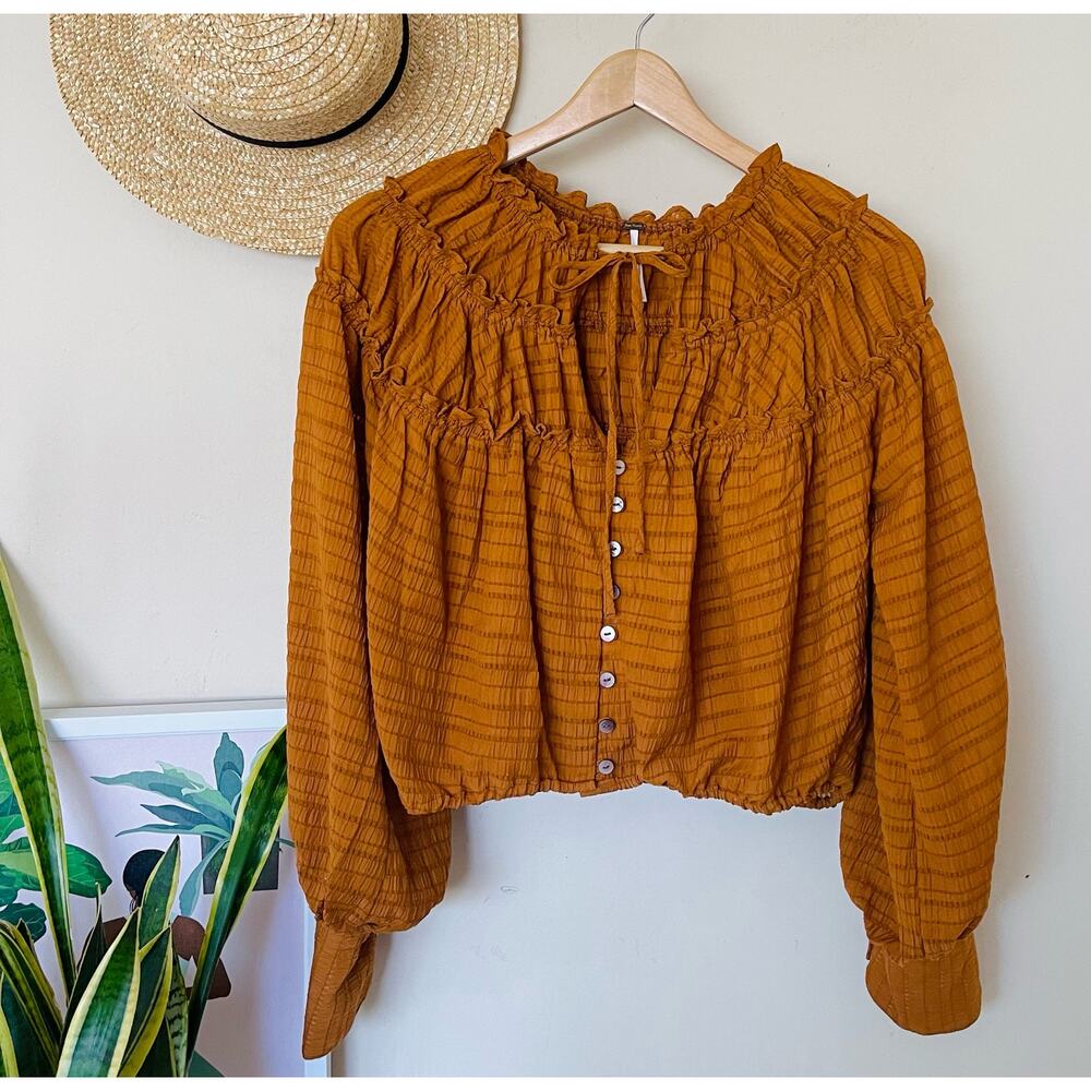 Free People Rust Orange Textured Button-Front Blouse - Picture 2 of 8
